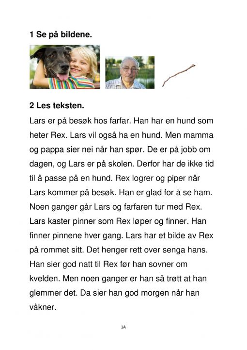 Fokus på skriving - hefte 2 - Gutt koser med hund - Tekst 1A side 1